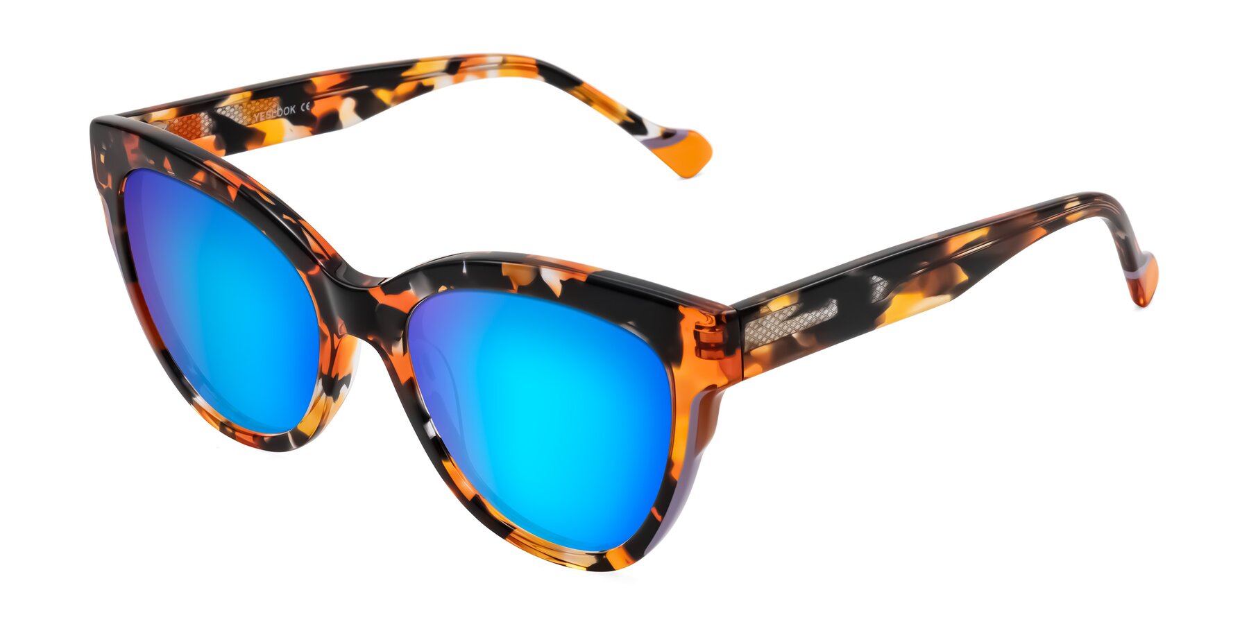 Angle of Yalkin in Orange Tortoise with Blue Mirrored Lenses