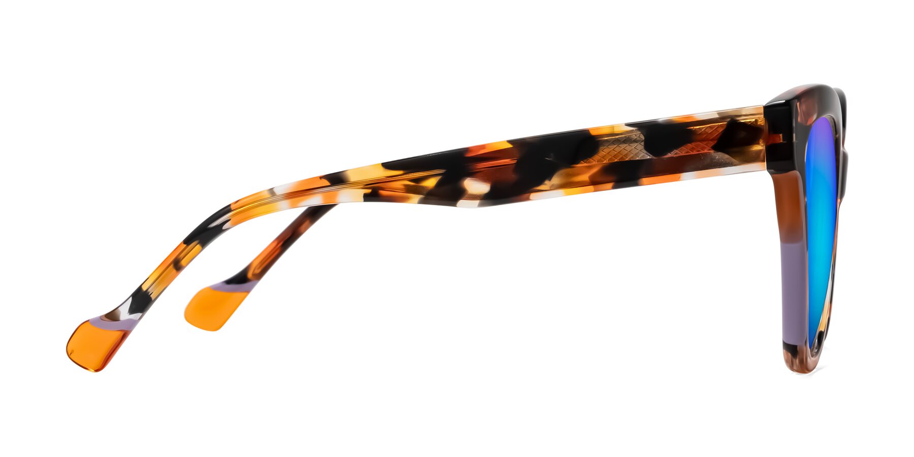 Side of Yalkin in Orange Tortoise with Blue Mirrored Lenses