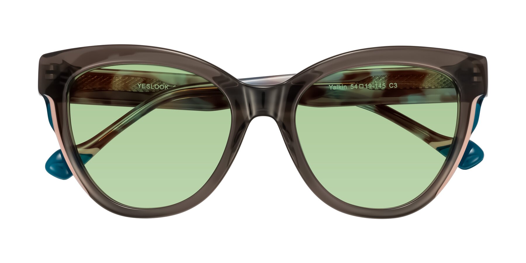 Folded Front of Yalkin in Gray/Tortoise with Medium Green Tinted Lenses