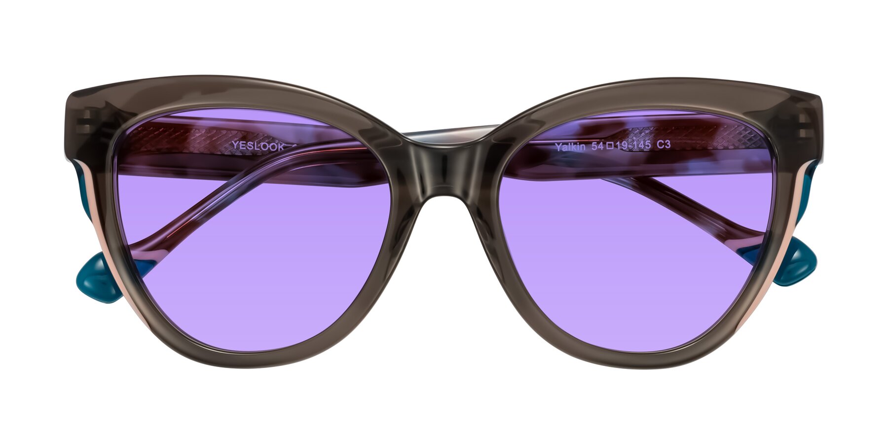 Folded Front of Yalkin in Gray/Tortoise with Medium Purple Tinted Lenses