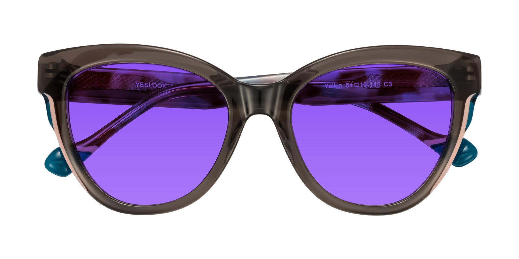 Folded Front of Yalkin in Gray/Tortoise with Purple Tinted Lenses