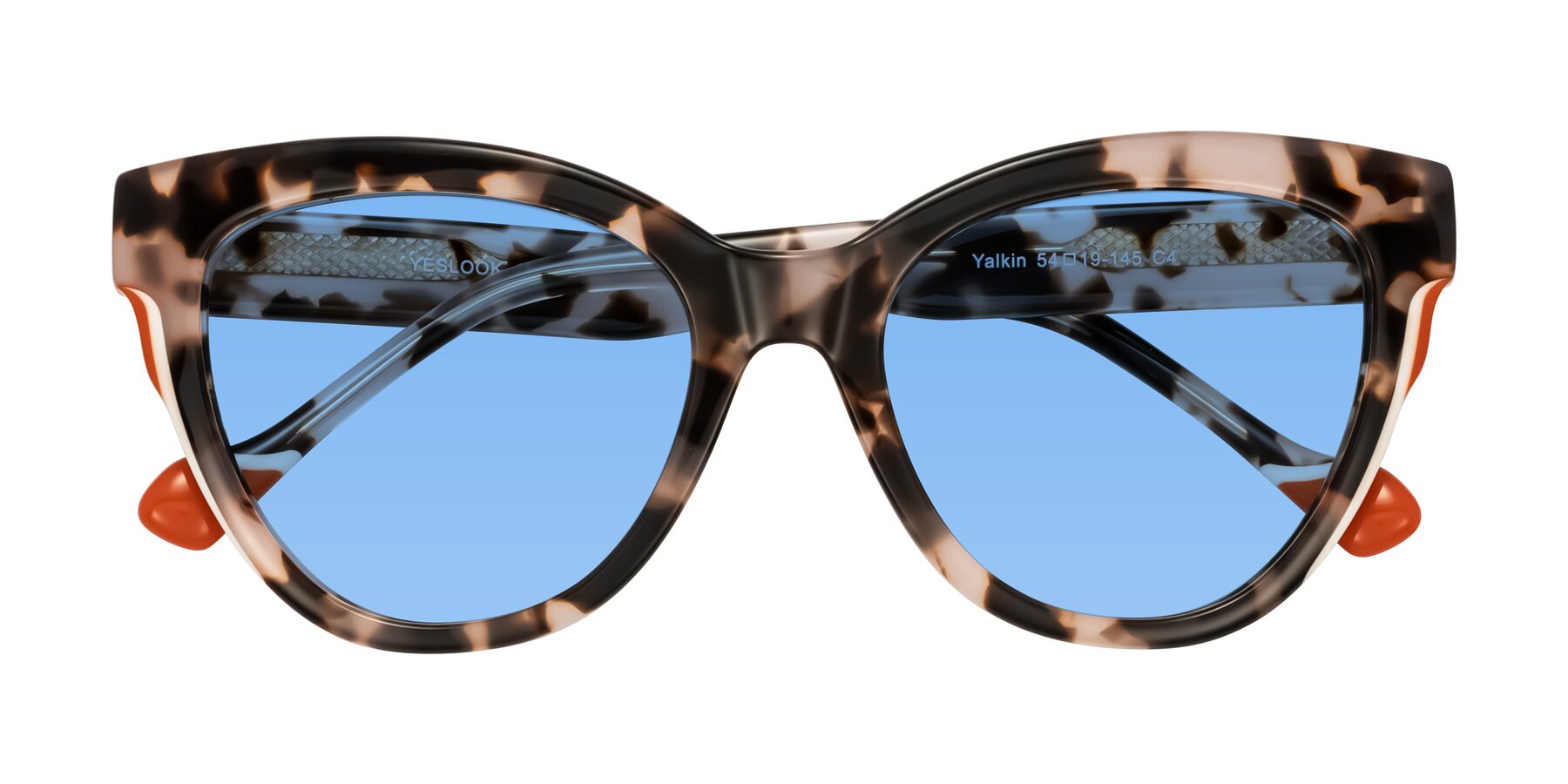 Folded Front of Yalkin in Ivory Tortoise with Medium Blue Tinted Lenses