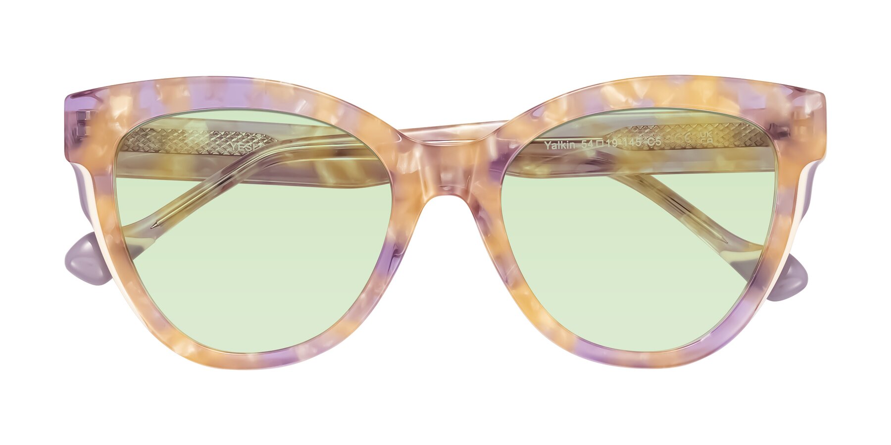 Folded Front of Yalkin in Floral Tortoise with Light Green Tinted Lenses