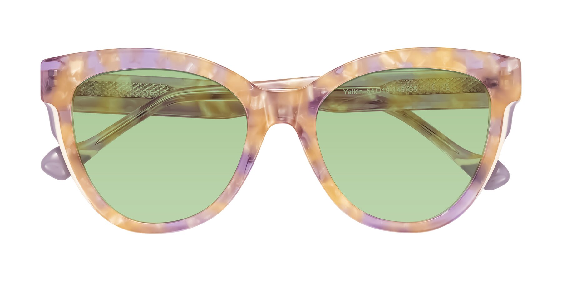 Folded Front of Yalkin in Floral Tortoise with Medium Green Tinted Lenses