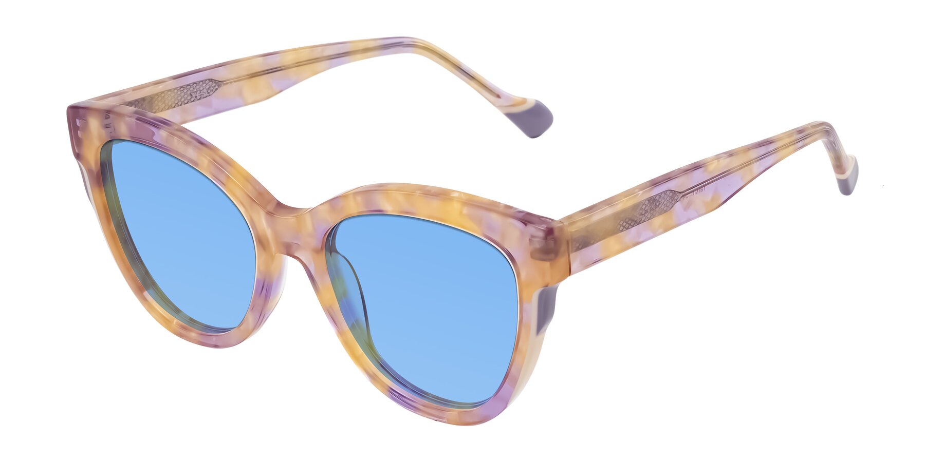 Angle of Yalkin in Floral Tortoise with Medium Blue Tinted Lenses