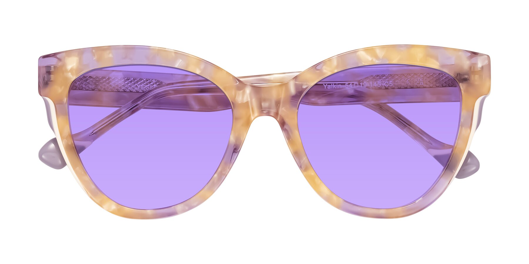 Folded Front of Yalkin in Floral Tortoise with Medium Purple Tinted Lenses