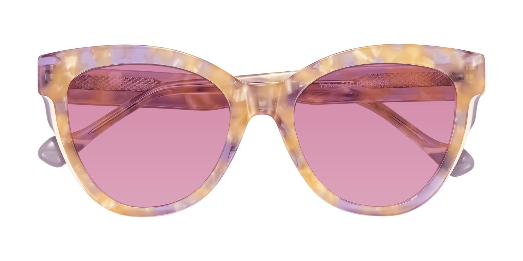 Folded Front of Yalkin in Floral Tortoise with Medium Wine Tinted Lenses
