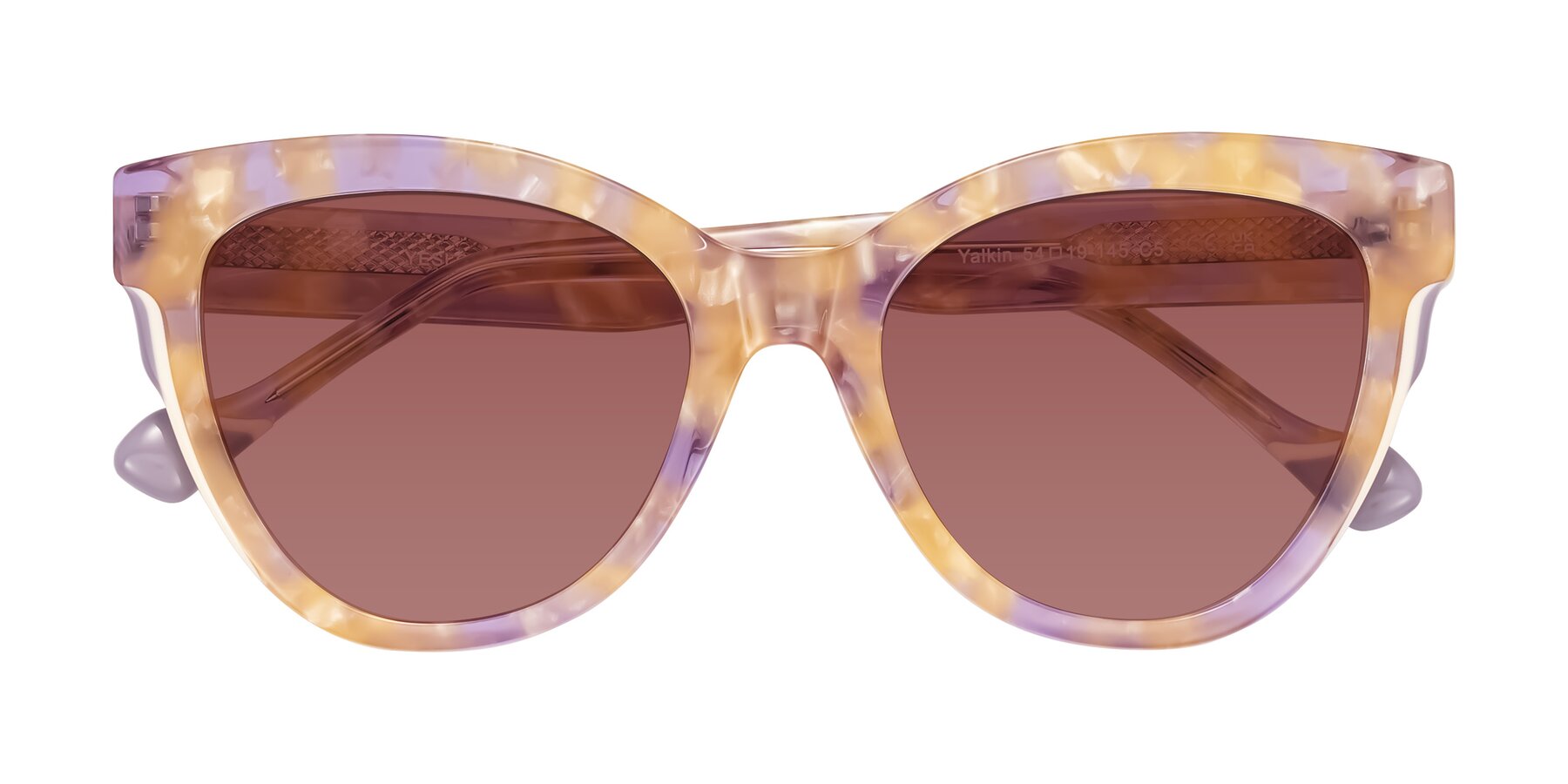 Folded Front of Yalkin in Floral Tortoise with Garnet Tinted Lenses