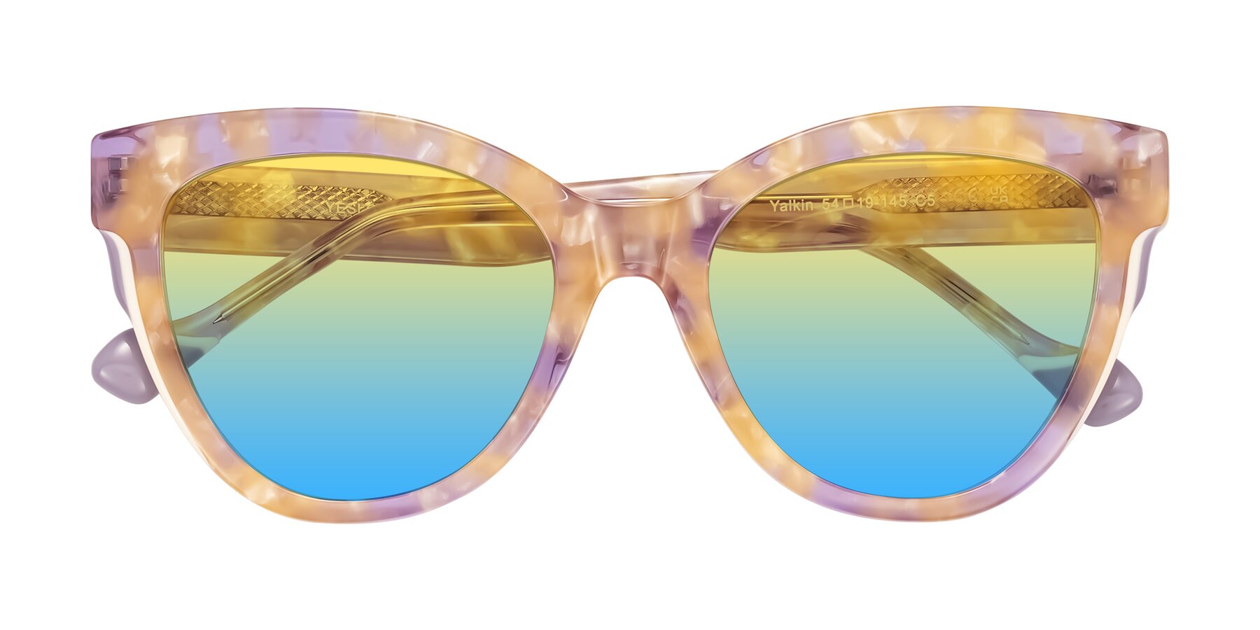 Folded Front of Yalkin in Floral Tortoise with Yellow / Blue Gradient Lenses