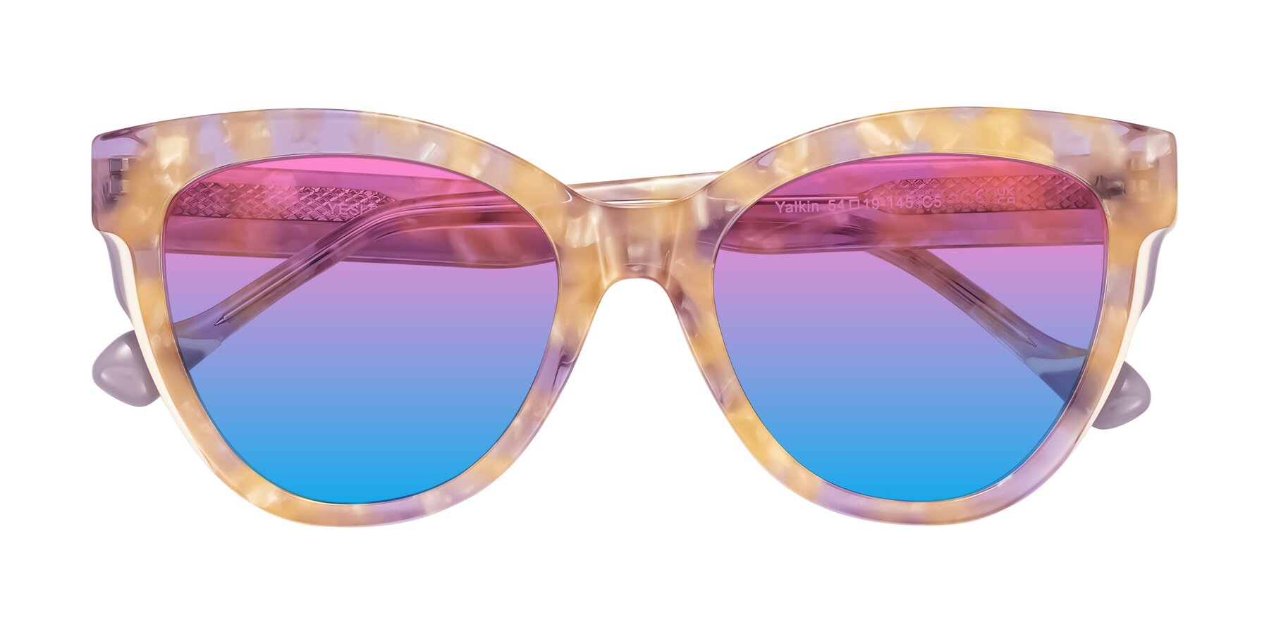 Folded Front of Yalkin in Floral Tortoise with Pink / Blue Gradient Lenses