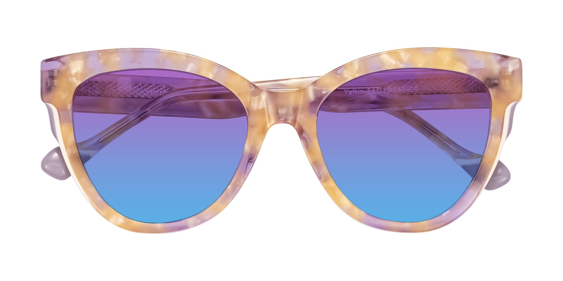 Folded Front of Yalkin in Floral Tortoise with Purple / Blue Gradient Lenses