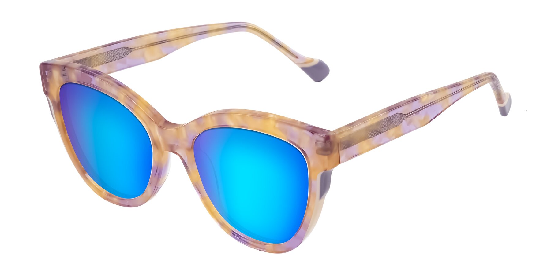 Angle of Yalkin in Floral Tortoise with Blue Mirrored Lenses