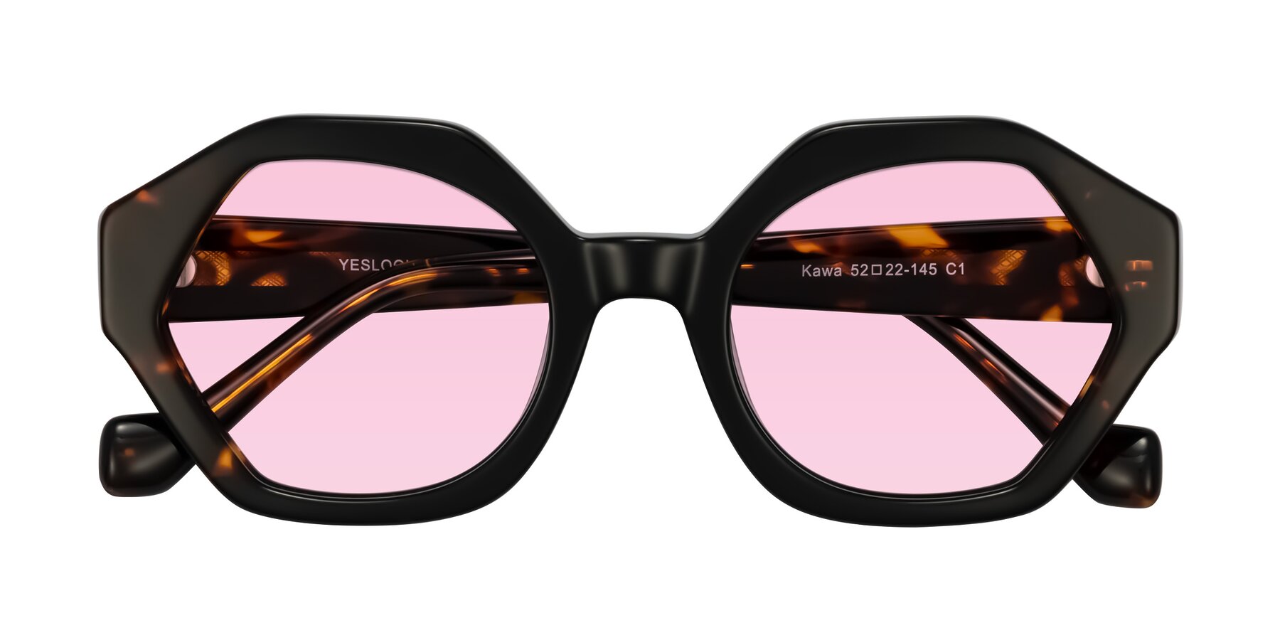 Folded Front of Kawa in Black/Tortoise with Light Pink Tinted Lenses
