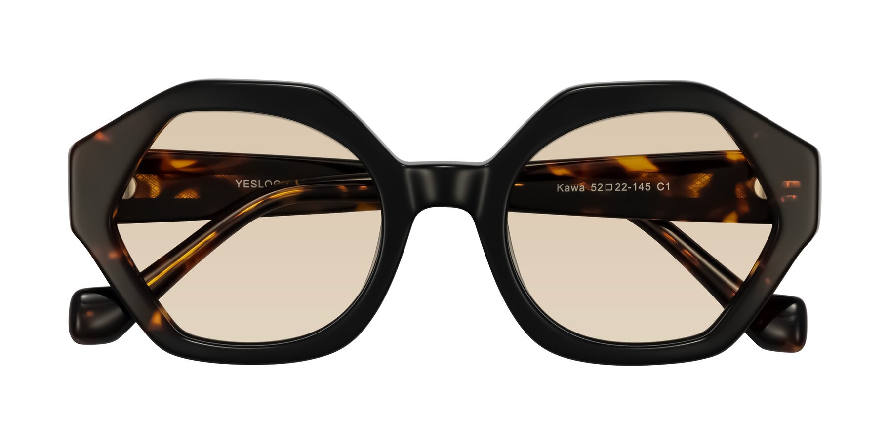 Folded Front of Kawa in Black/Tortoise with Light Brown Tinted Lenses