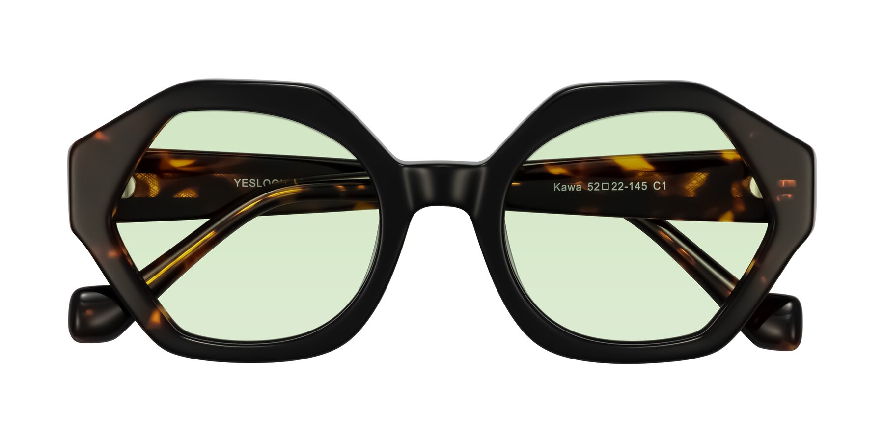 Folded Front of Kawa in Black/Tortoise with Light Green Tinted Lenses