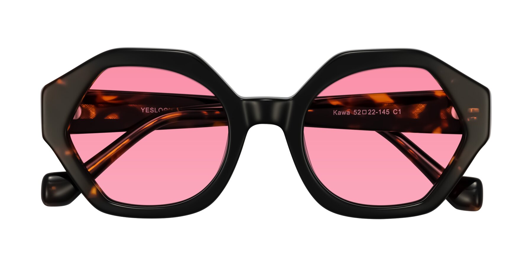Folded Front of Kawa in Black/Tortoise with Pink Tinted Lenses