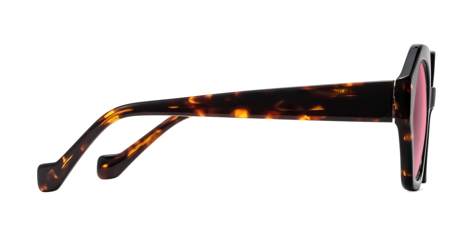 Side of Kawa in Black/Tortoise with Pink Tinted Lenses