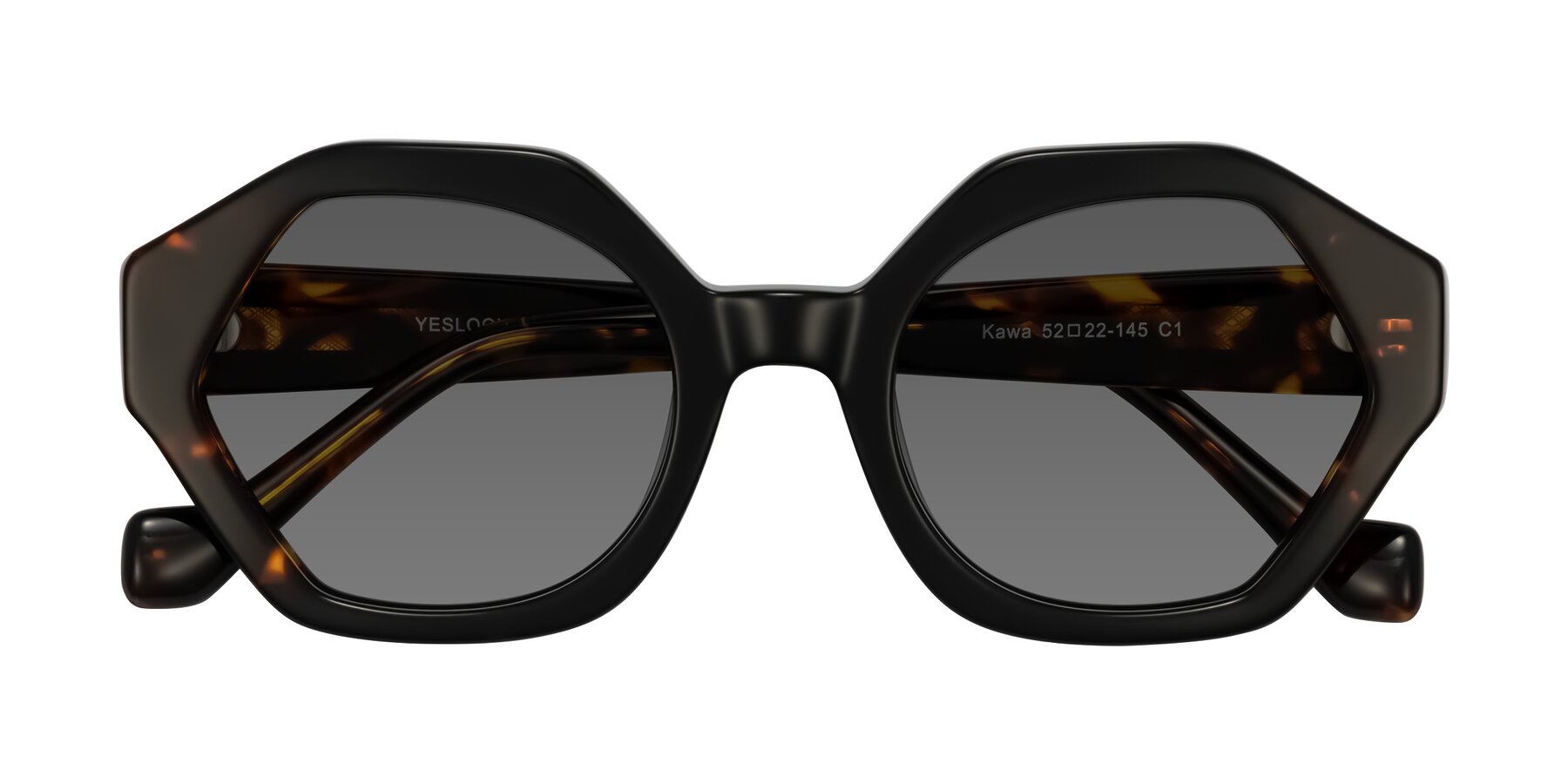 Folded Front of Kawa in Black/Tortoise with Medium Gray Tinted Lenses