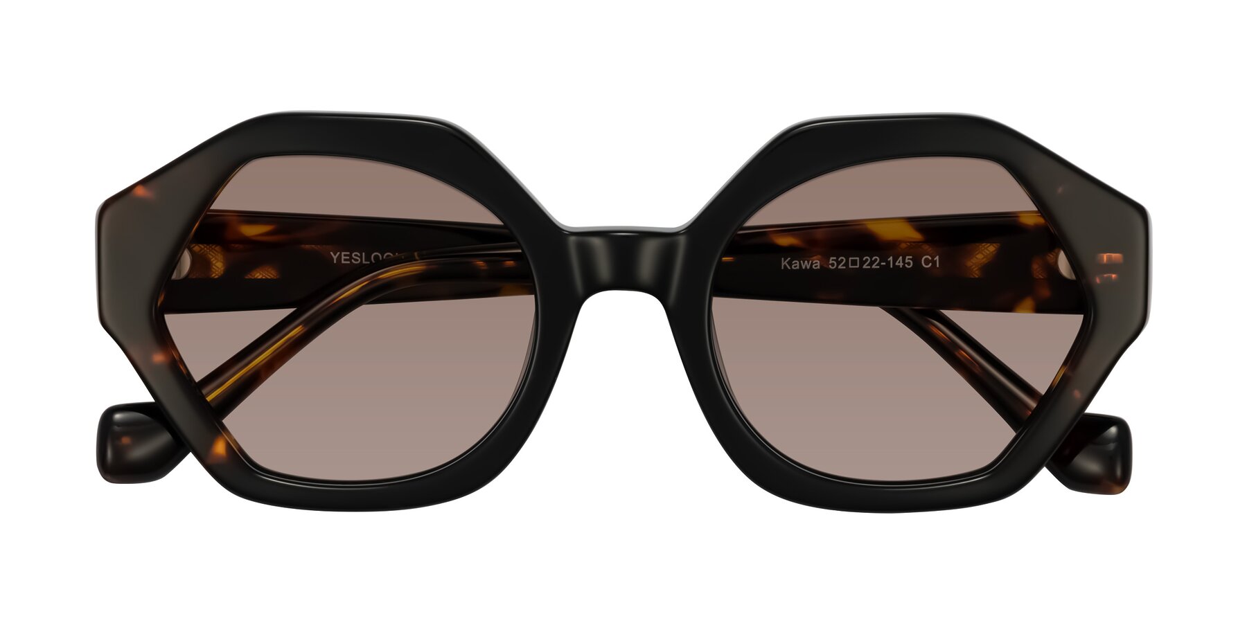 Folded Front of Kawa in Black/Tortoise with Medium Brown Tinted Lenses