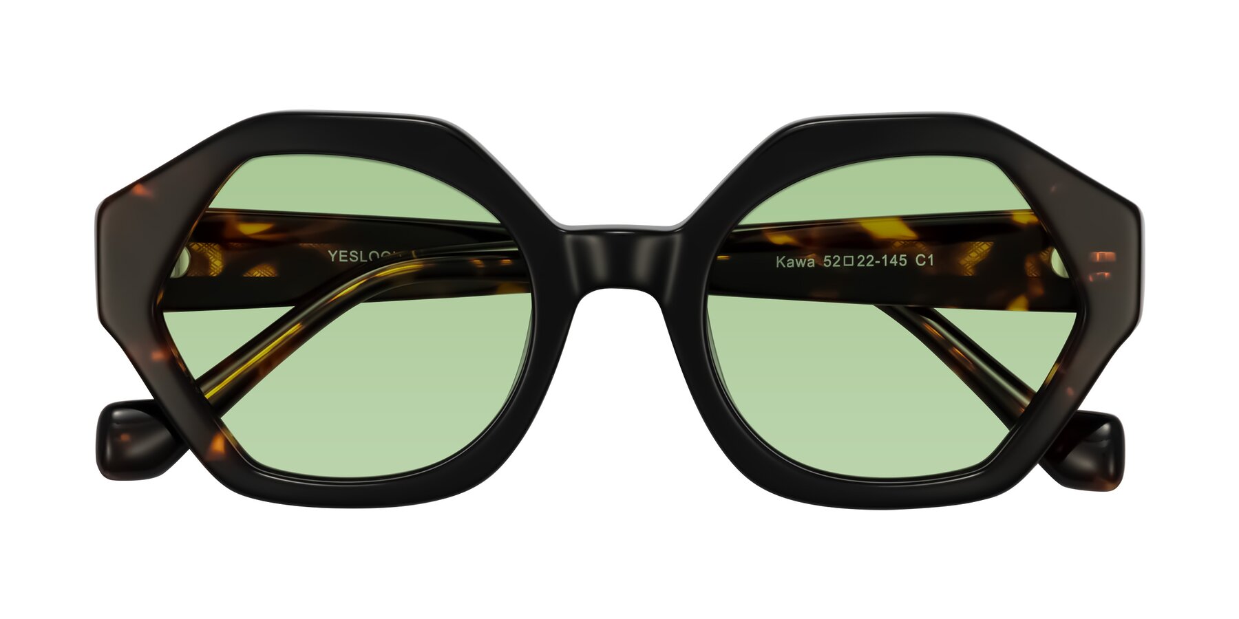 Folded Front of Kawa in Black/Tortoise with Medium Green Tinted Lenses