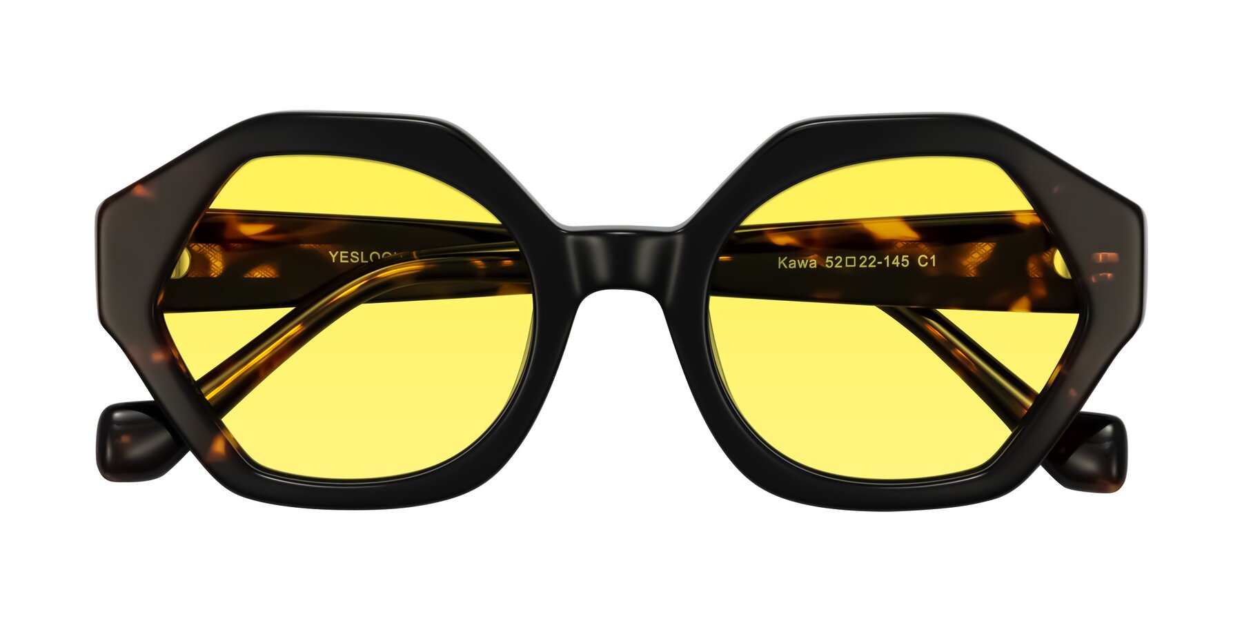 Folded Front of Kawa in Black/Tortoise with Medium Yellow Tinted Lenses
