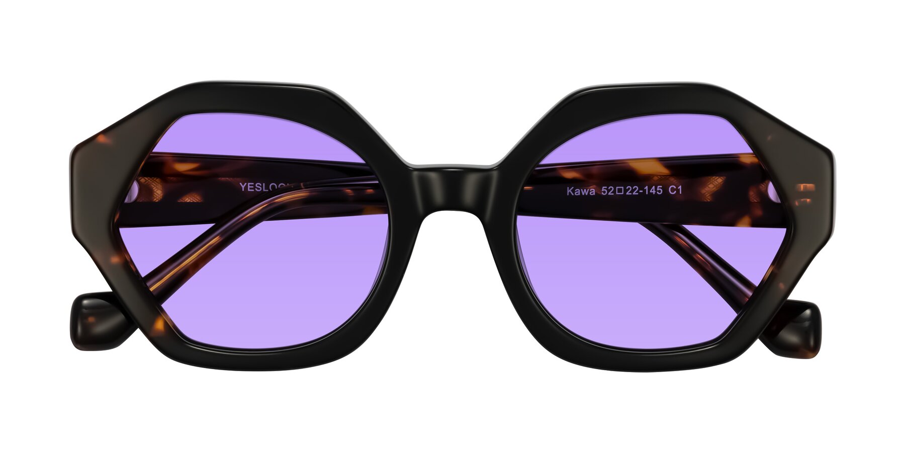 Folded Front of Kawa in Black/Tortoise with Medium Purple Tinted Lenses