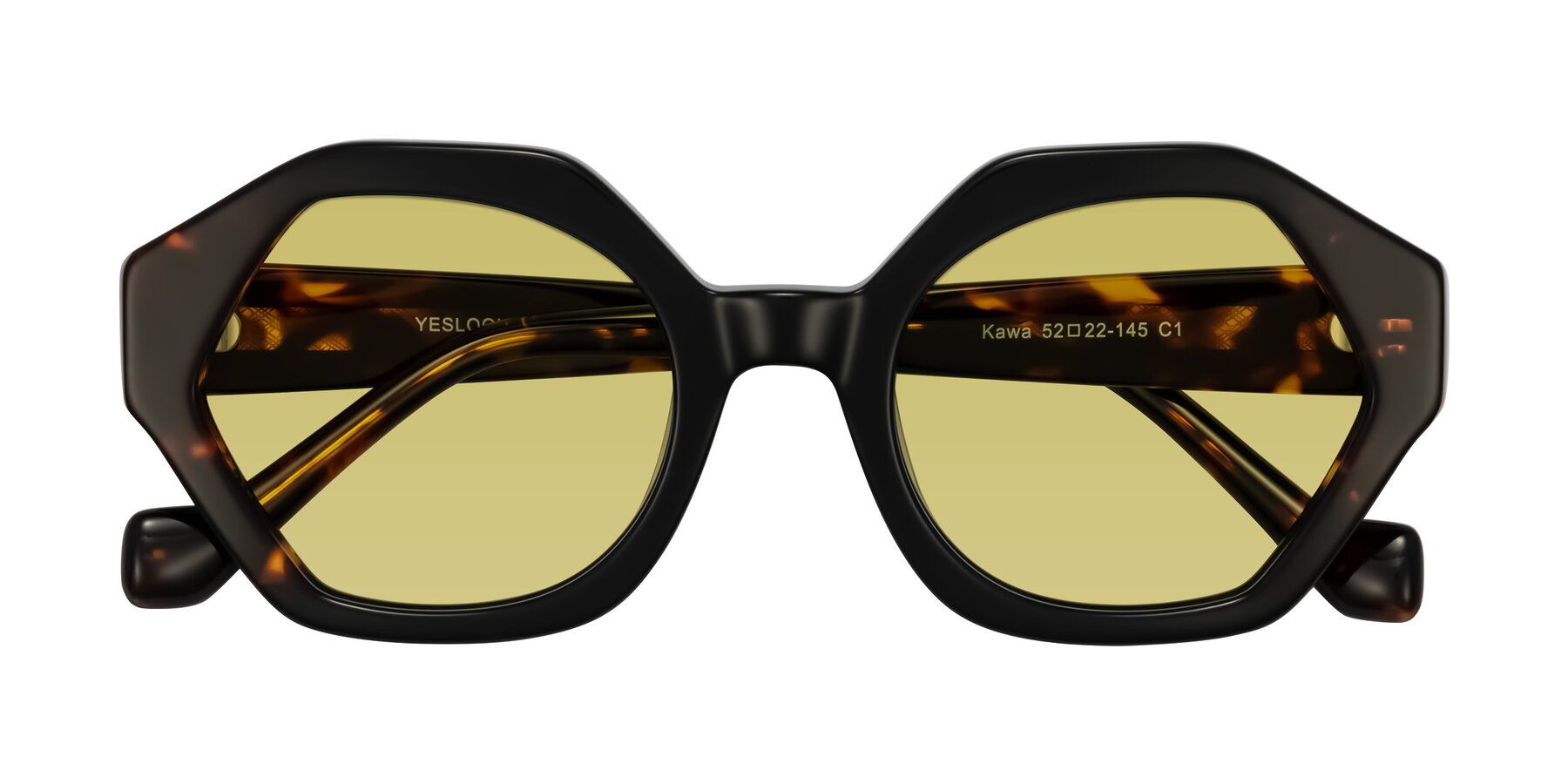 Folded Front of Kawa in Black/Tortoise with Medium Champagne Tinted Lenses