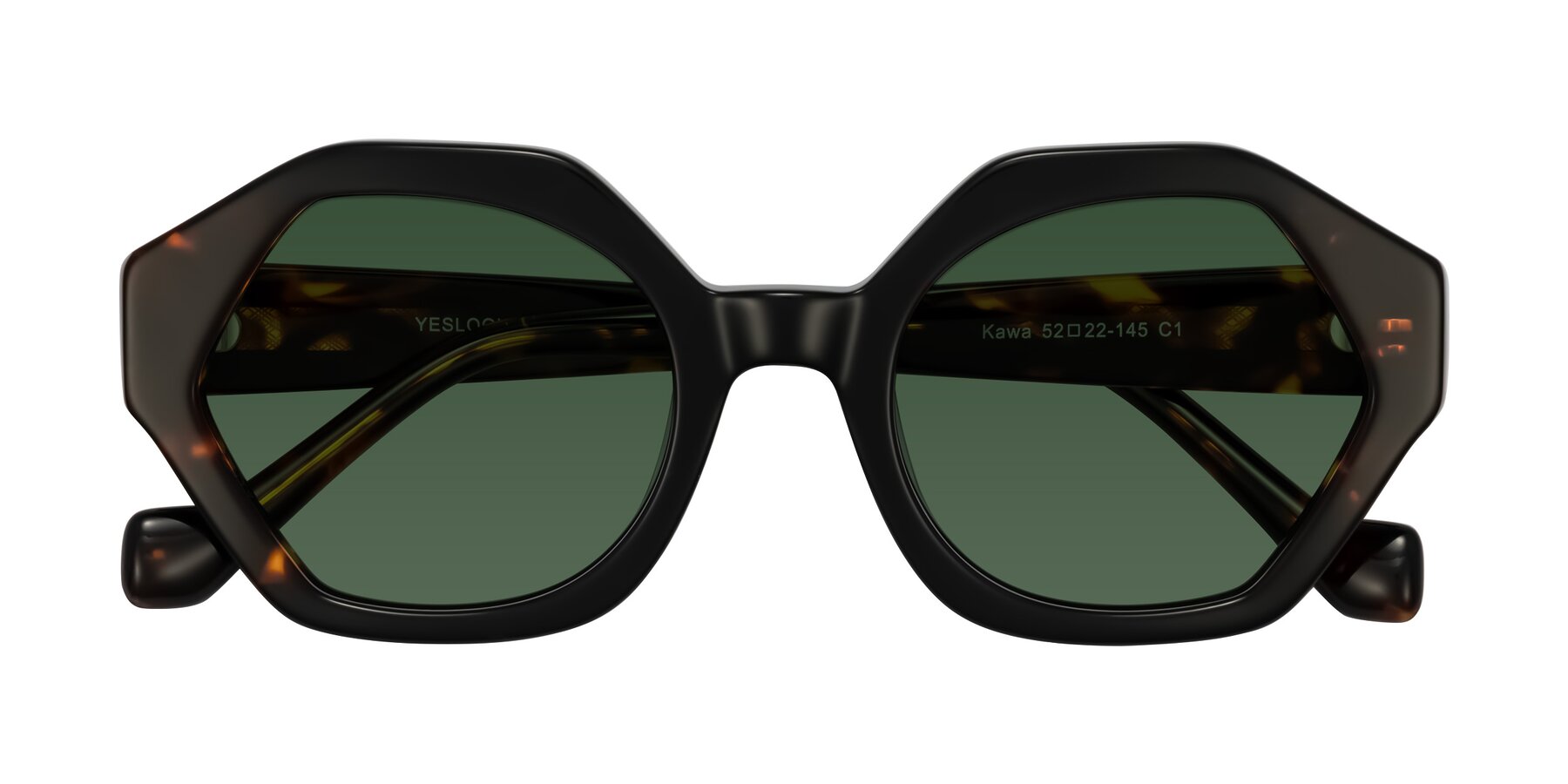 Folded Front of Kawa in Black/Tortoise with Green Tinted Lenses