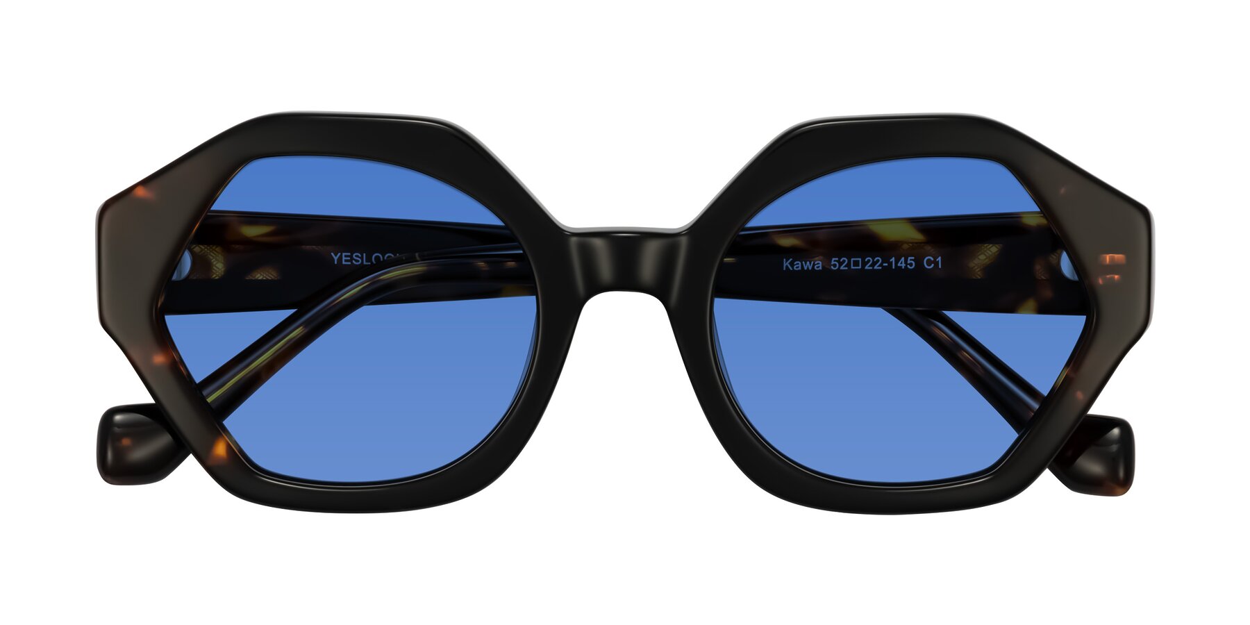 Folded Front of Kawa in Black/Tortoise with Blue Tinted Lenses