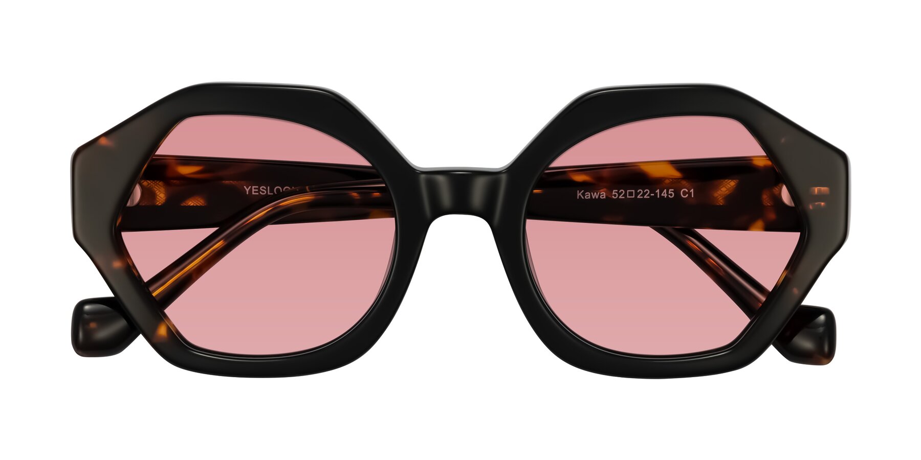 Folded Front of Kawa in Black/Tortoise with Medium Garnet Tinted Lenses