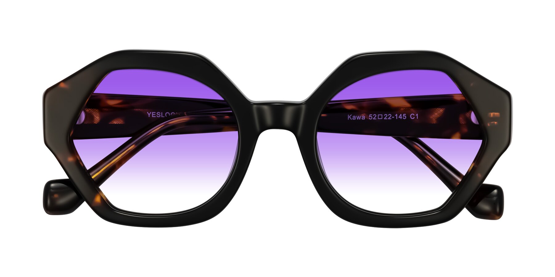 Folded Front of Kawa in Black/Tortoise with Purple Gradient Lenses
