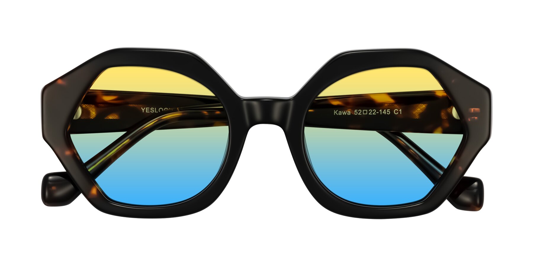 Folded Front of Kawa in Black/Tortoise with Yellow / Blue Gradient Lenses