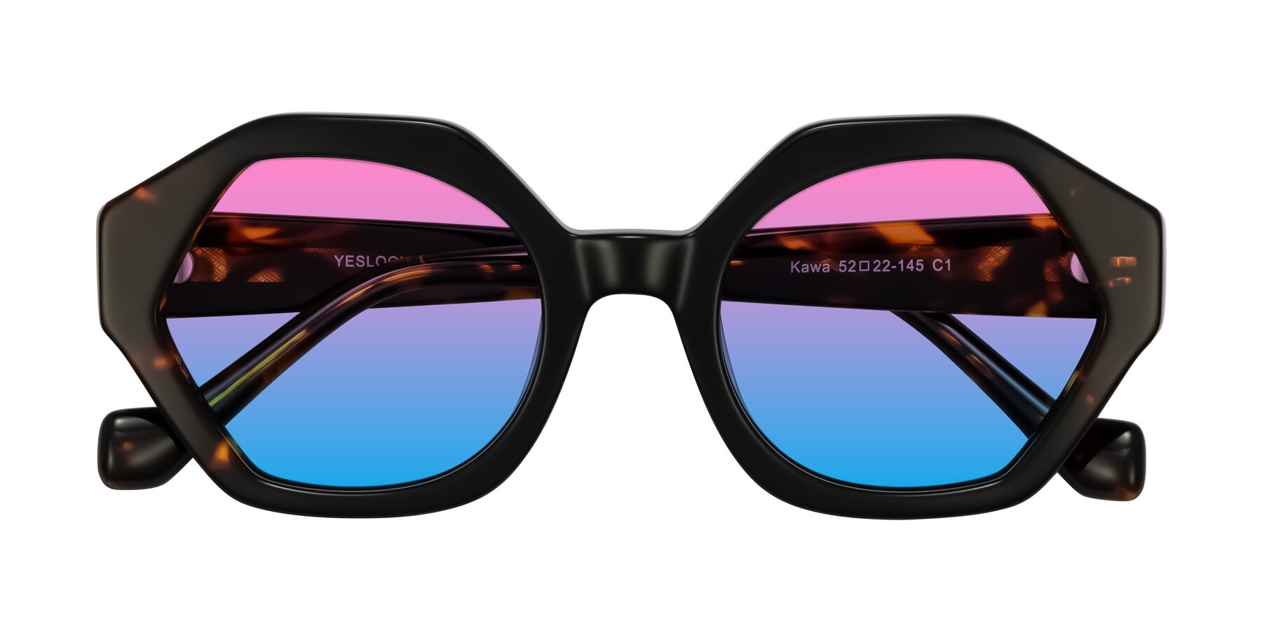 Folded Front of Kawa in Black/Tortoise with Pink / Blue Gradient Lenses
