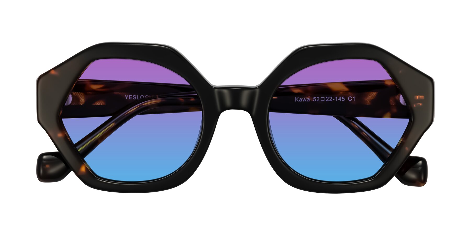 Folded Front of Kawa in Black/Tortoise with Purple / Blue Gradient Lenses