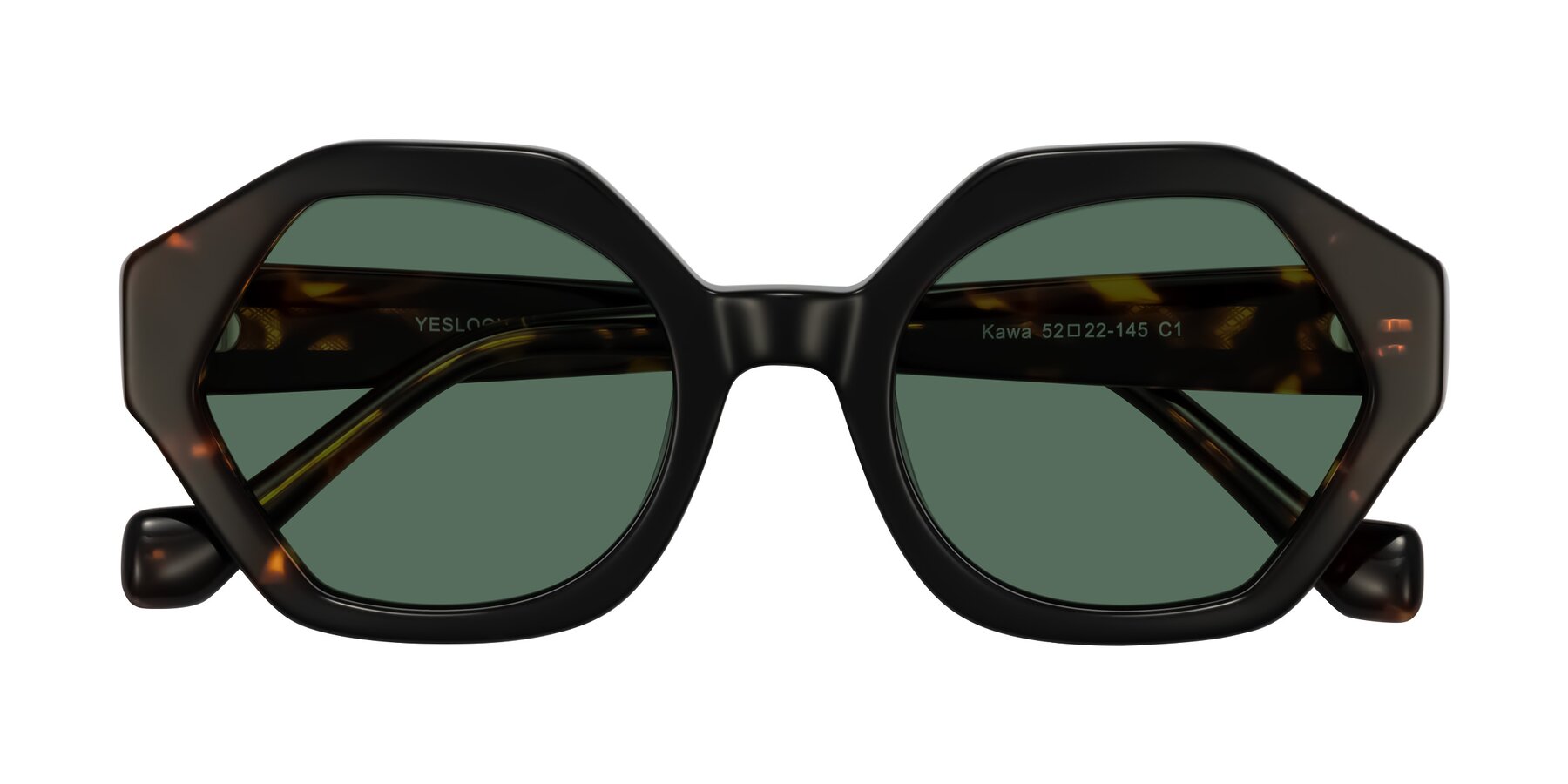 Folded Front of Kawa in Black/Tortoise with Green Polarized Lenses