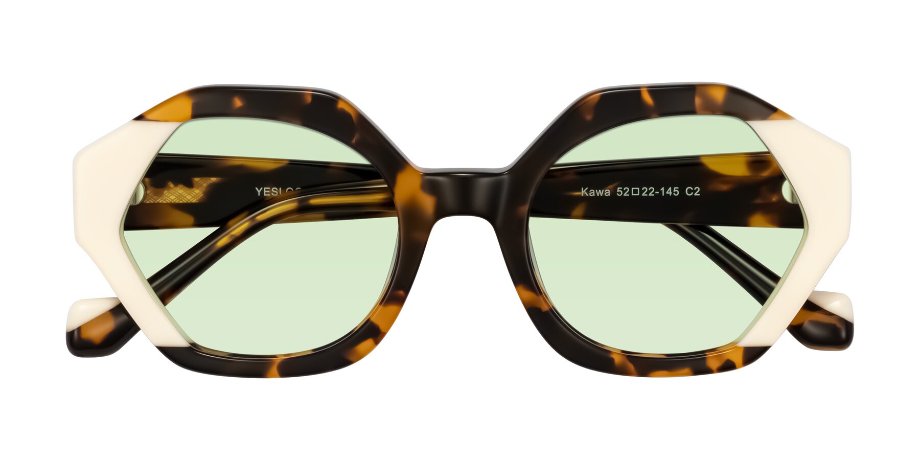 Folded Front of Kawa in Tortoise/Ivory with Light Green Tinted Lenses