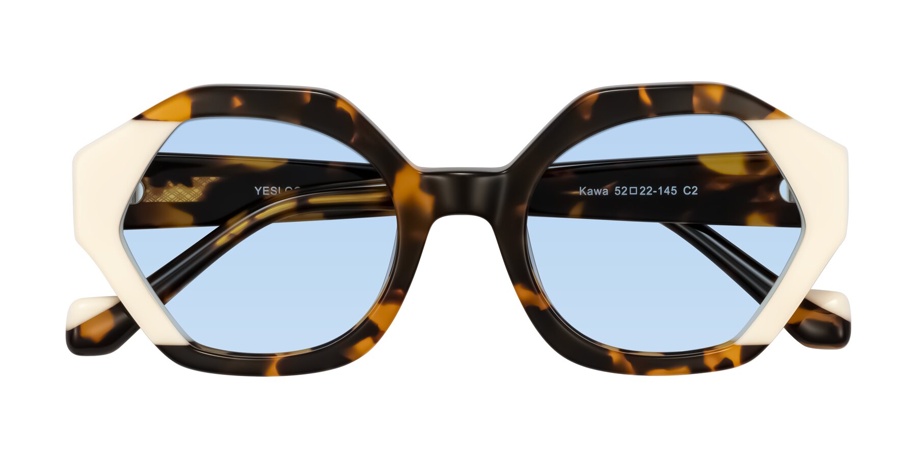 Folded Front of Kawa in Tortoise/Ivory with Light Blue Tinted Lenses