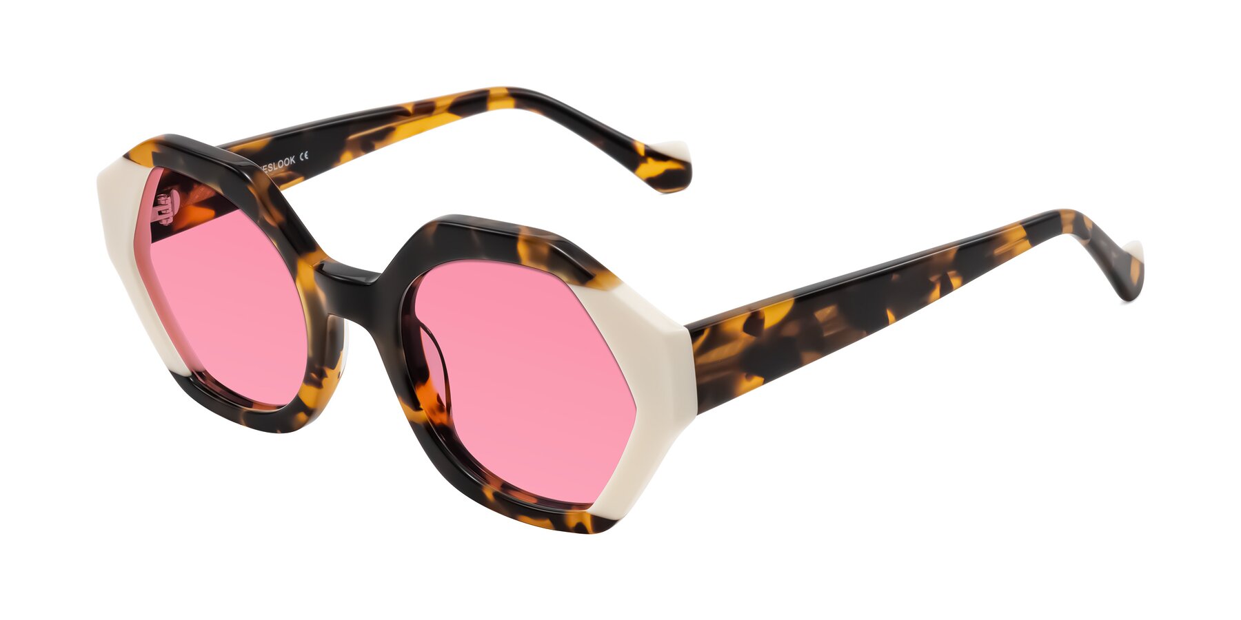 Angle of Kawa in Tortoise/Ivory with Pink Tinted Lenses
