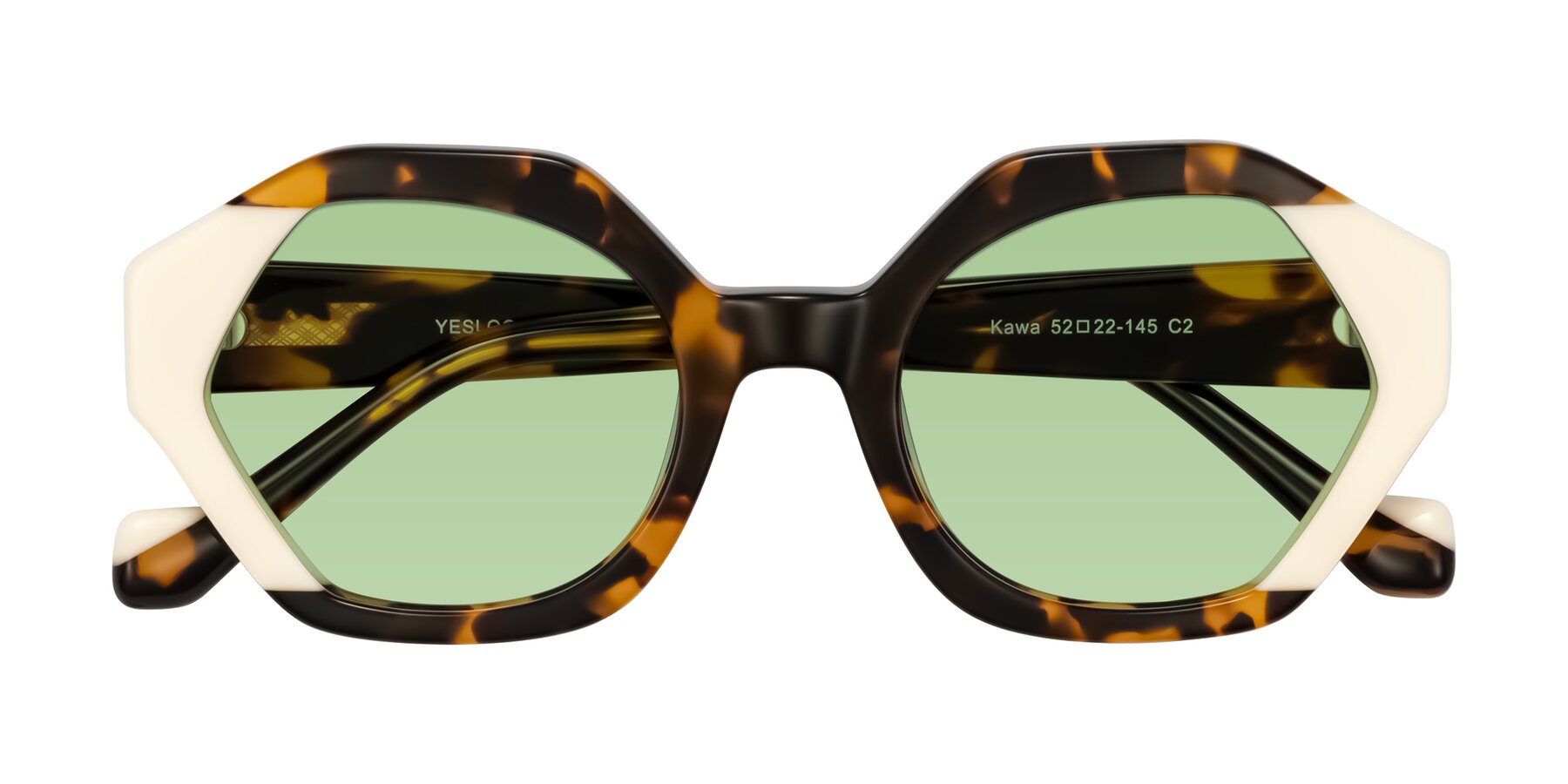 Folded Front of Kawa in Tortoise/Ivory with Medium Green Tinted Lenses