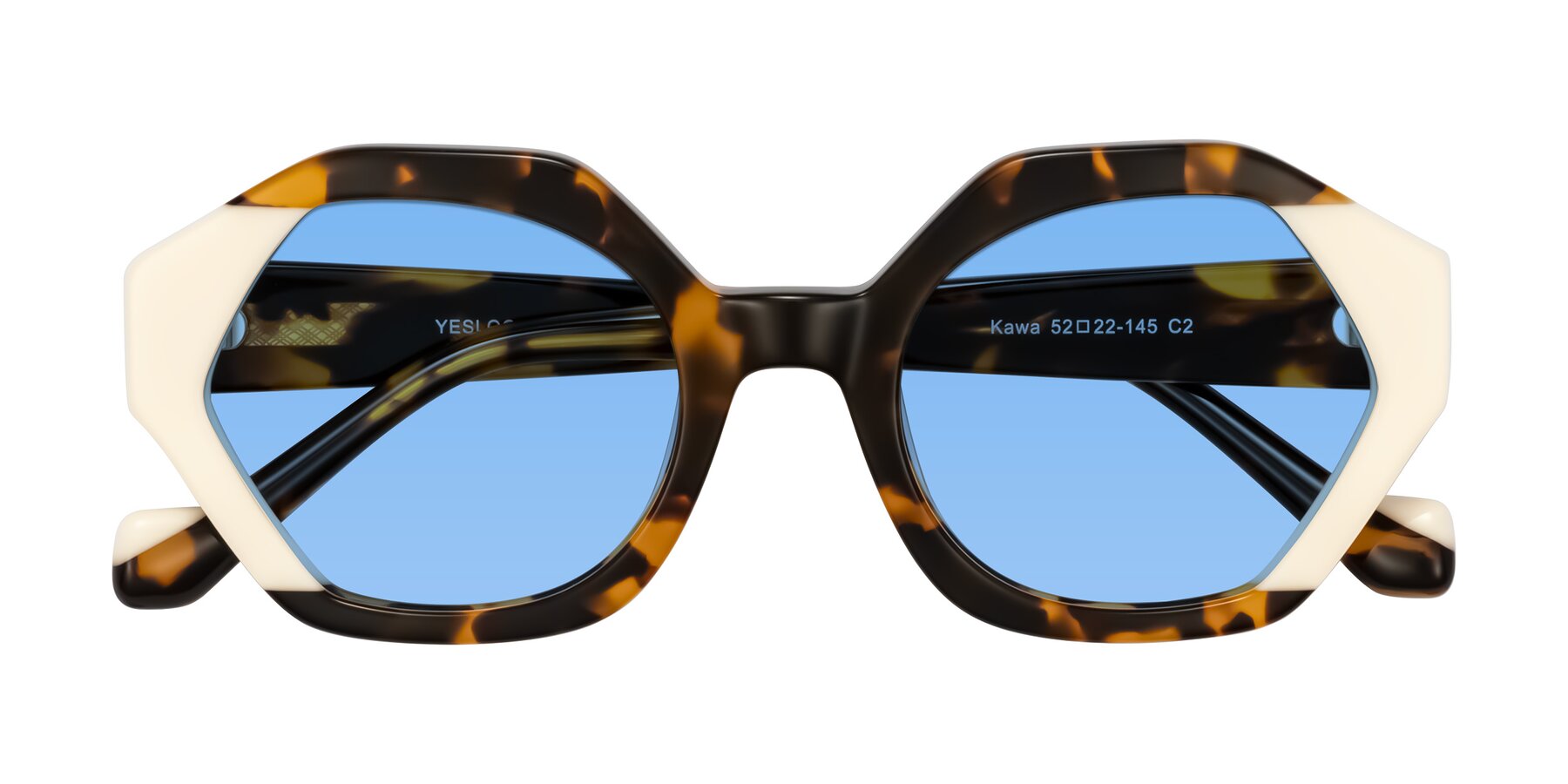 Folded Front of Kawa in Tortoise/Ivory with Medium Blue Tinted Lenses
