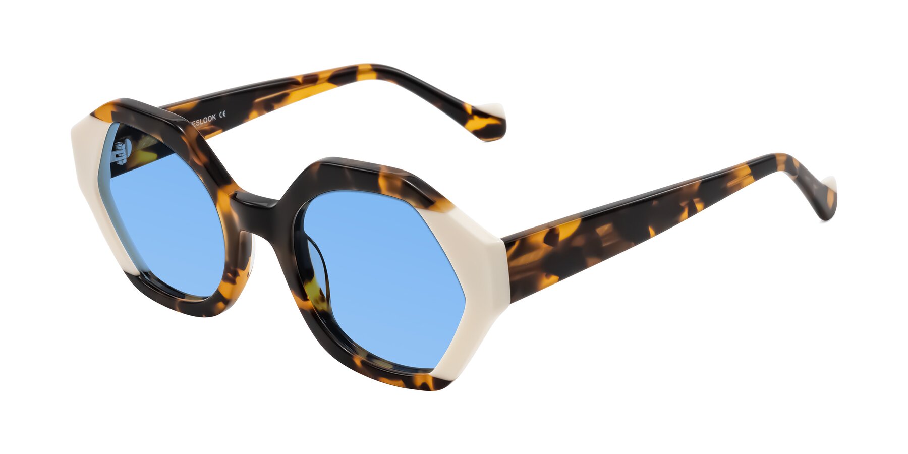 Angle of Kawa in Tortoise/Ivory with Medium Blue Tinted Lenses