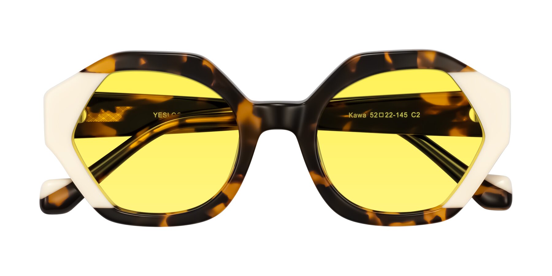 Folded Front of Kawa in Tortoise/Ivory with Medium Yellow Tinted Lenses