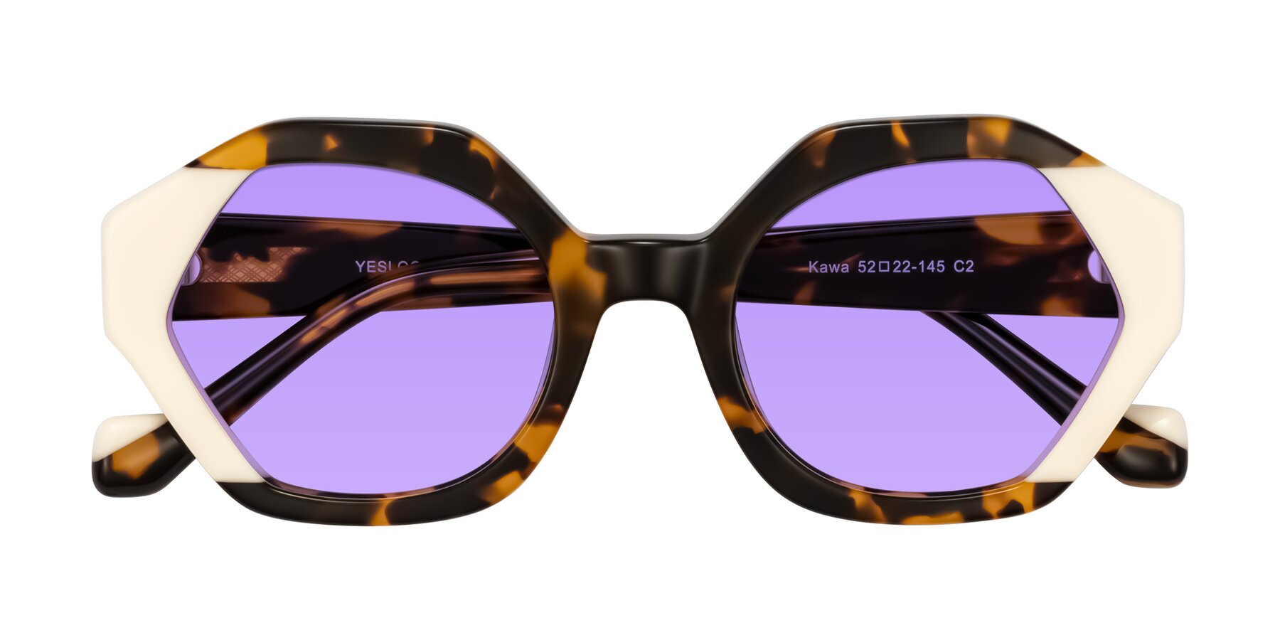 Folded Front of Kawa in Tortoise/Ivory with Medium Purple Tinted Lenses