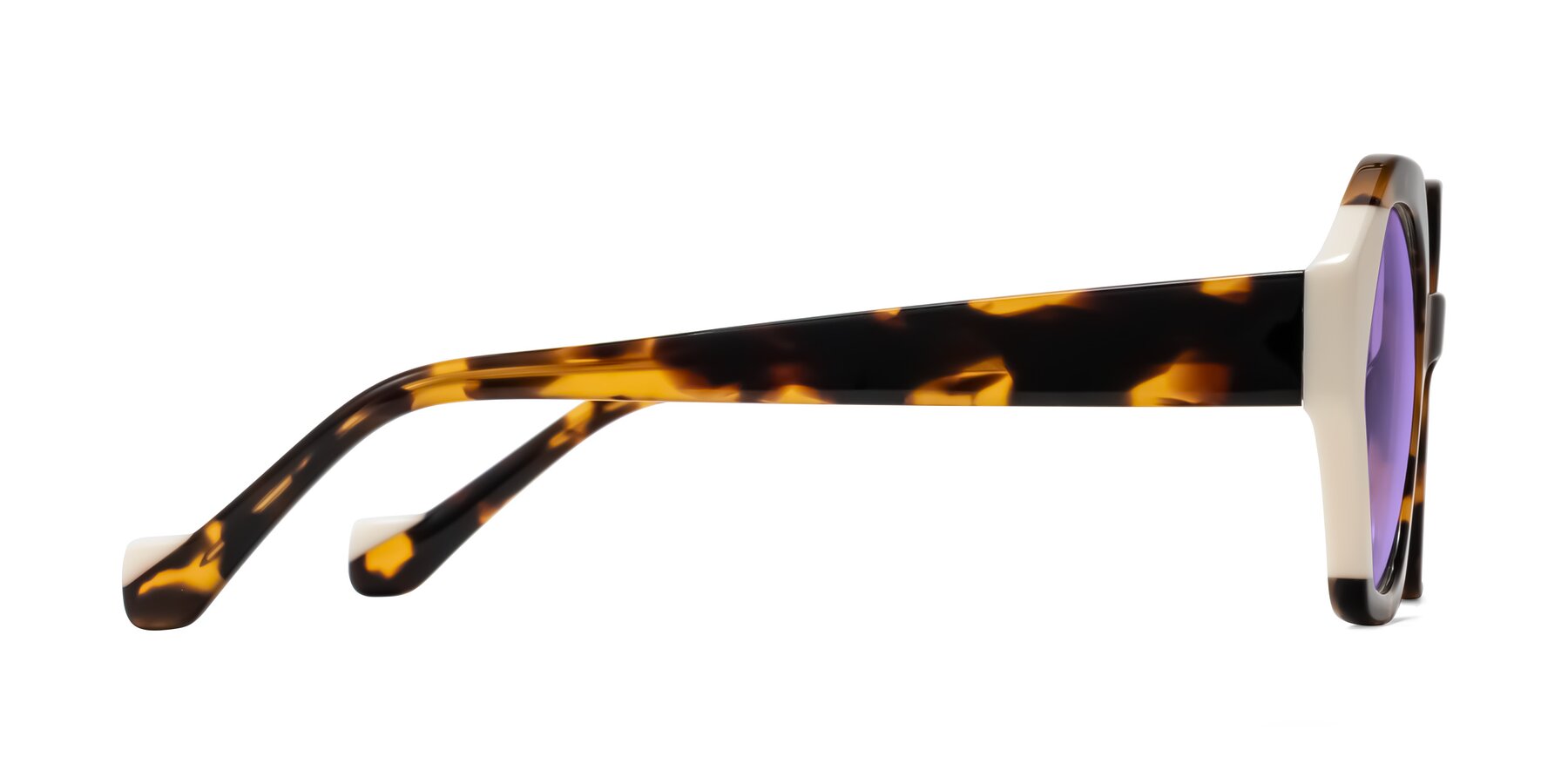 Side of Kawa in Tortoise/Ivory with Medium Purple Tinted Lenses