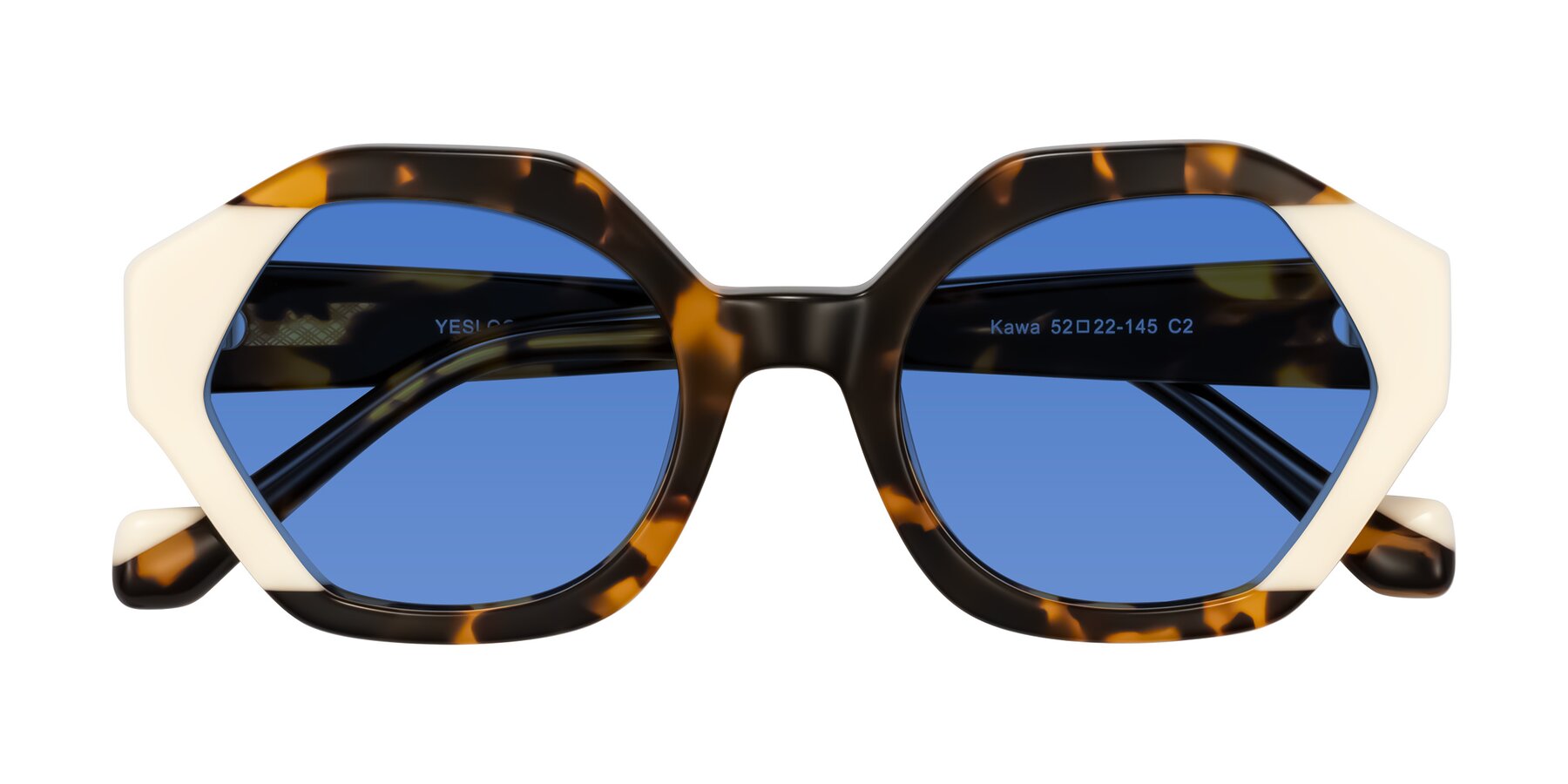 Folded Front of Kawa in Tortoise/Ivory with Blue Tinted Lenses