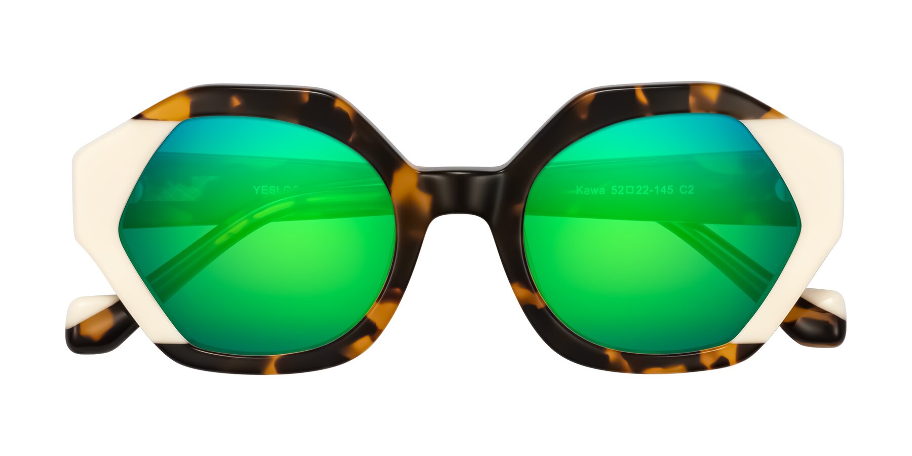 Folded Front of Kawa in Tortoise/Ivory with Green Mirrored Lenses