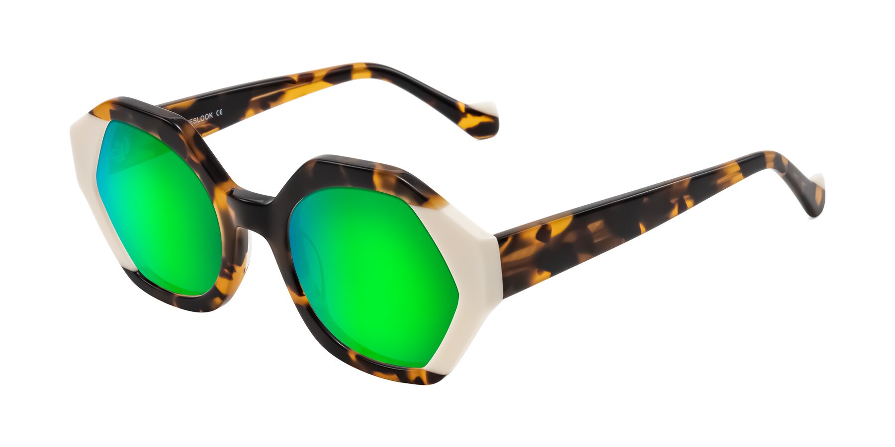 Angle of Kawa in Tortoise/Ivory with Green Mirrored Lenses