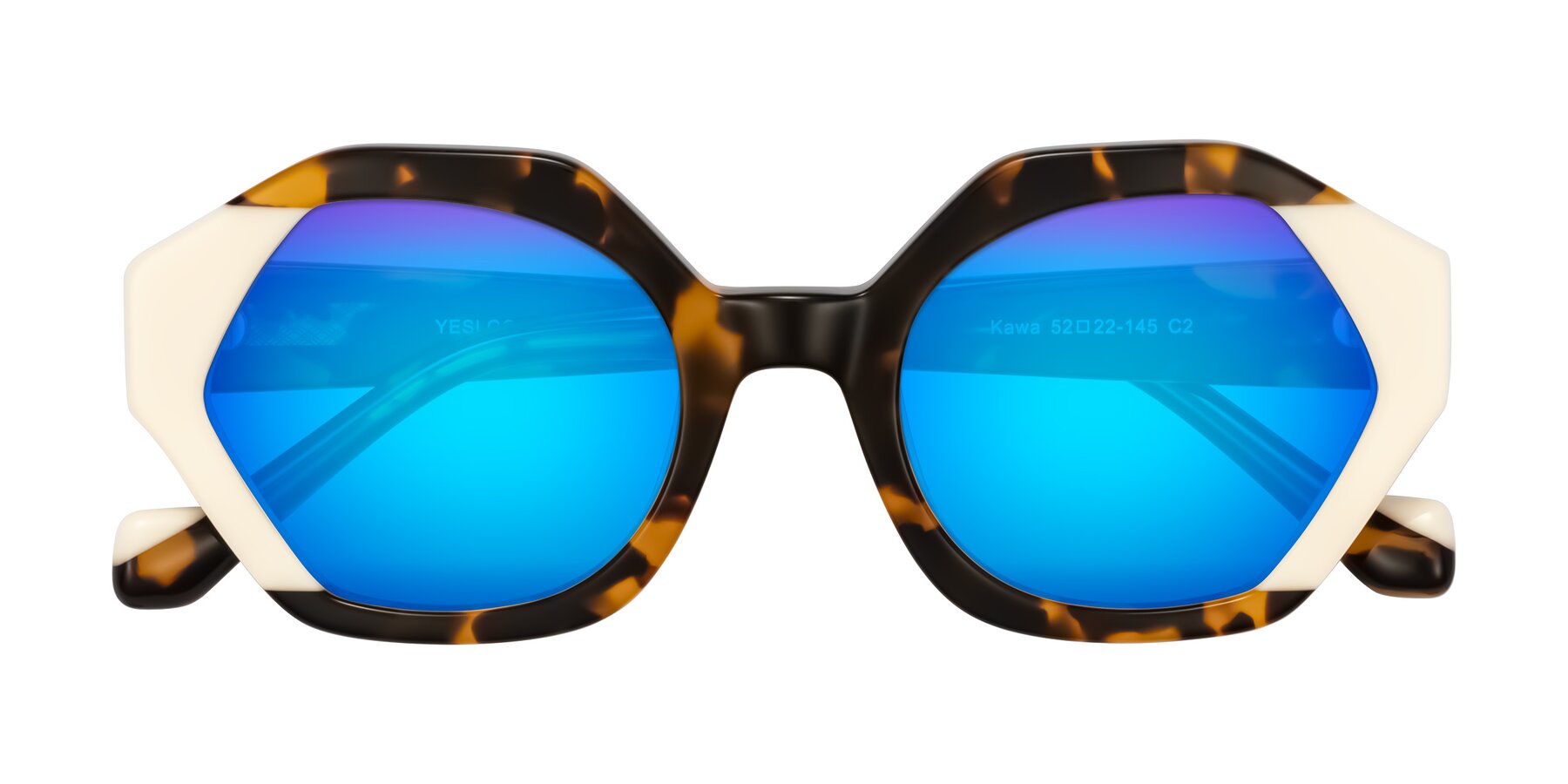 Folded Front of Kawa in Tortoise/Ivory with Blue Mirrored Lenses