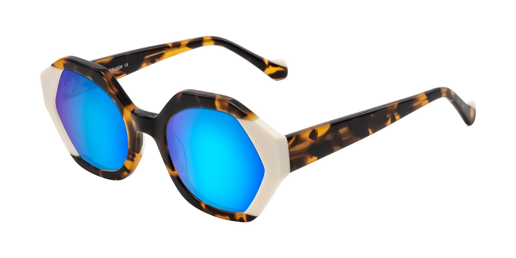 Angle of Kawa in Tortoise/Ivory with Blue Mirrored Lenses