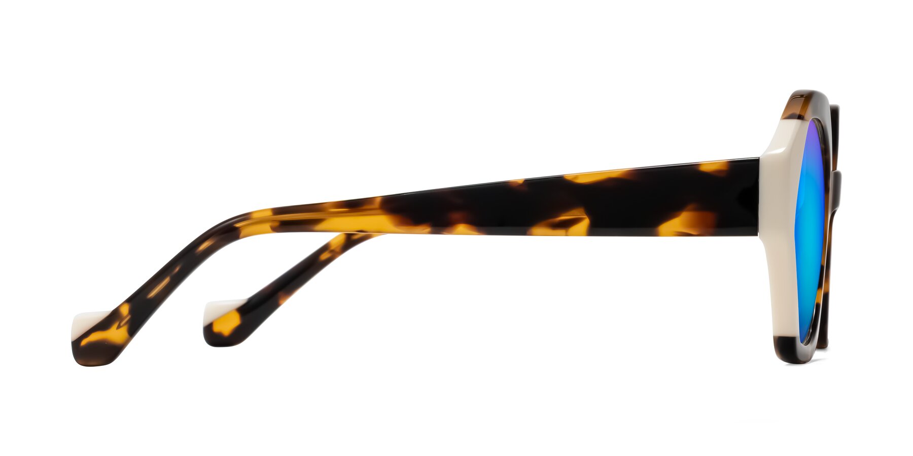 Side of Kawa in Tortoise/Ivory with Blue Mirrored Lenses